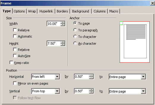 Frames Dialgue box